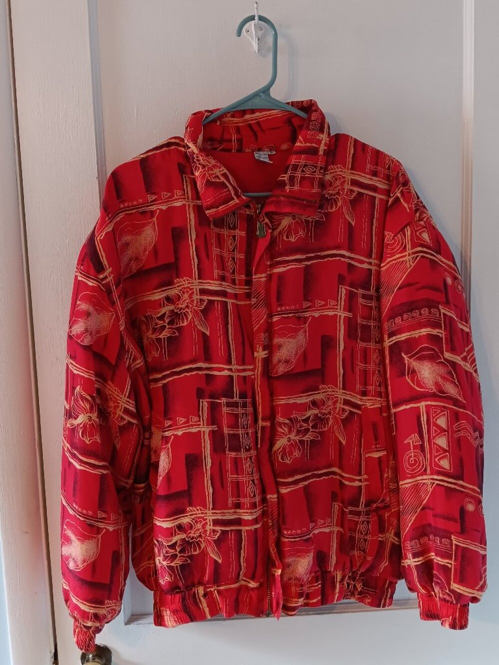 Vintage Retro '90s Windbreaker Jacket 100% Silk w/ Red Abstract Floral Design
